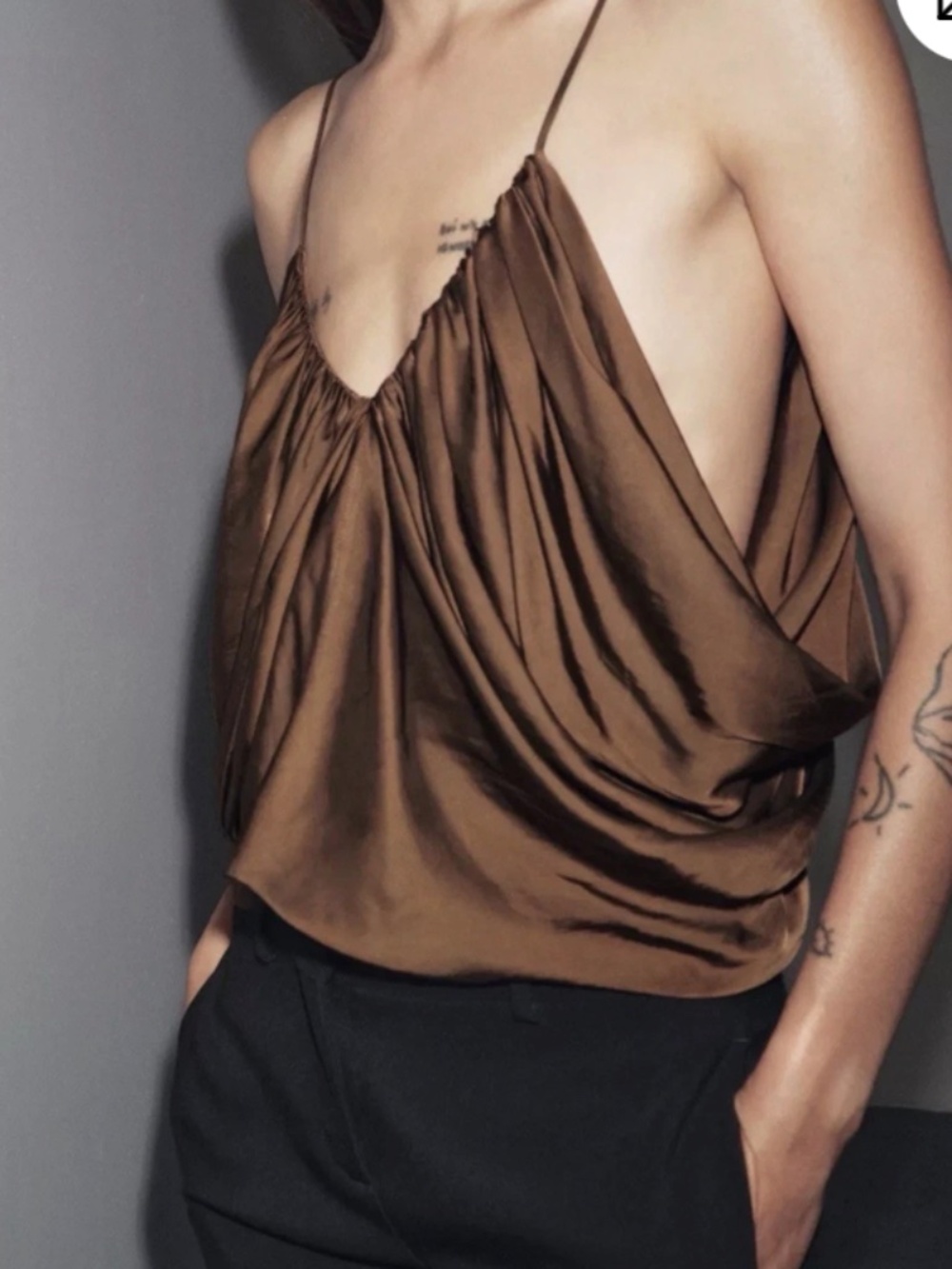 Zara ZW Collection Draped Satin Effect Tank Top. Color - Tobacco. Size M - Picture 3 of 4
